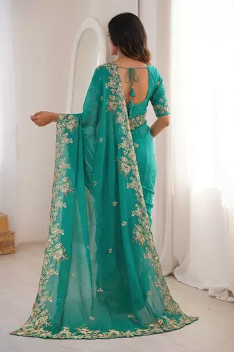 Green Designer Fancy Embroidered Floral Border Saree