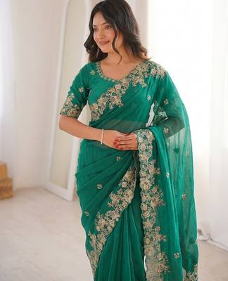 Green Designer Fancy Embroidered Floral Border Saree 4