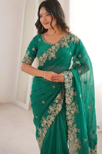 Green Designer Fancy Embroidered Floral Border Saree