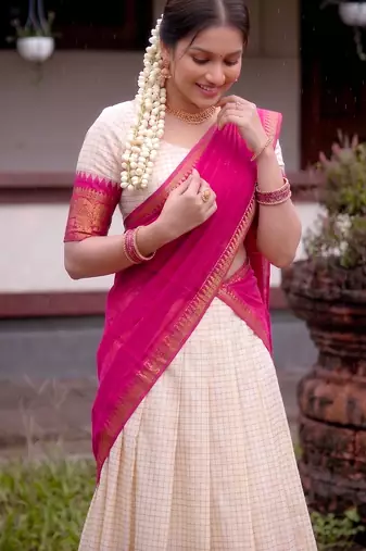 Traditional Checked Poly Cotton South Style Lehenga Choli with Dupatta