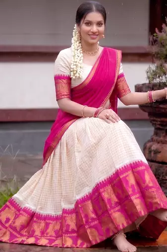 Traditional Checked Poly Cotton South Style Lehenga Choli with Dupatta