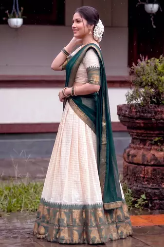 Traditional Checked Poly Cotton South Style Lehenga Choli with Dupatta