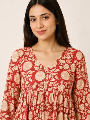 Anushil floral printed short kurti for women | cotton blend a-line tunic top | v-neck gathered top 3