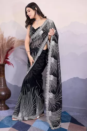 Black Designer Fancy Sequins Embroidered Saree