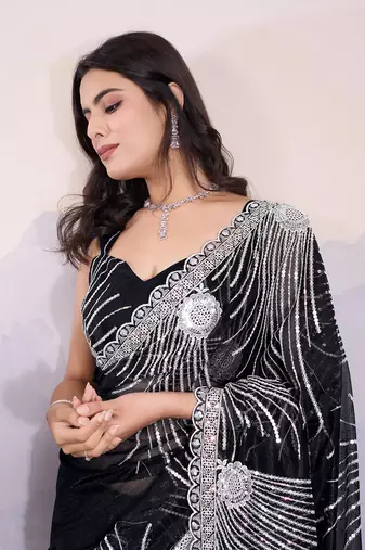 Black Designer Fancy Sequins Embroidered Saree