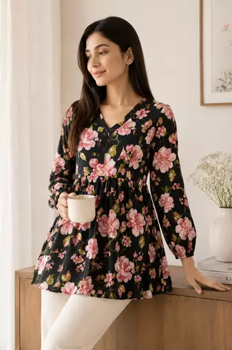 floral printed short kurti for women | cotton blend a-line tunic top