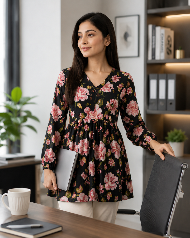floral printed short kurti for women | cotton blend a-line tunic top