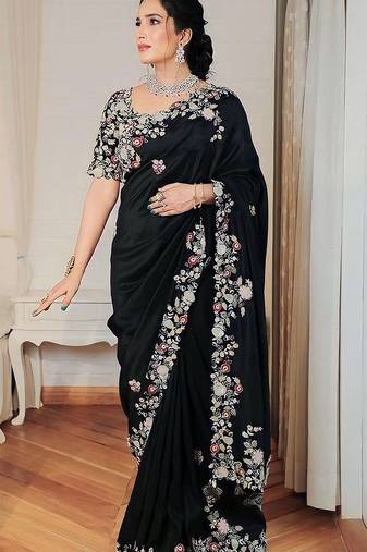 Black Designer Fancy Floral Embroidered Border Saree