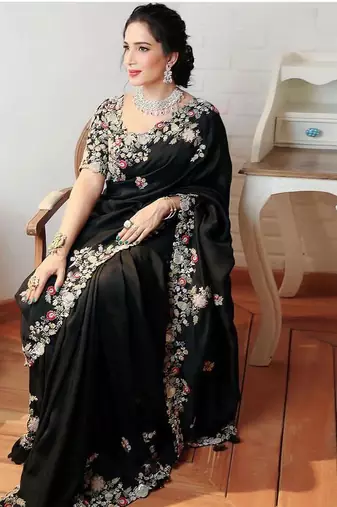 Black Designer Fancy Floral Embroidered Border Saree