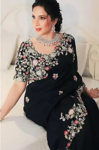 Black Designer Fancy Floral Embroidered Border Saree
