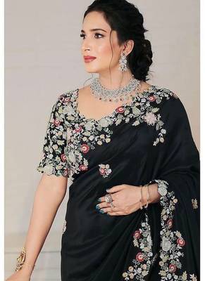 Black Designer Fancy Floral Embroidered Border Saree 4