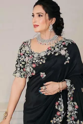 Black Designer Fancy Floral Embroidered Border Saree