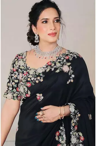Black Designer Fancy Floral Embroidered Border Saree