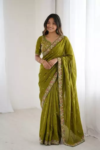 Mehendi Green Designer Fancy Embroidered Border Saree