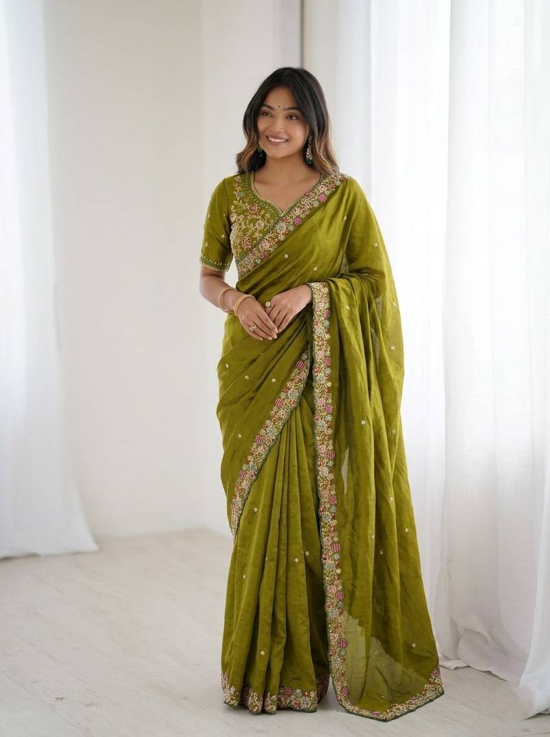 Mehendi Green Designer Fancy Embroidered Border Saree
