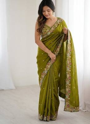Mehendi Green Designer Fancy Embroidered Border Saree 2