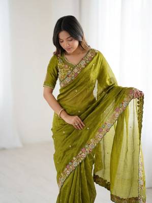 Mehendi Green Designer Fancy Embroidered Border Saree 4