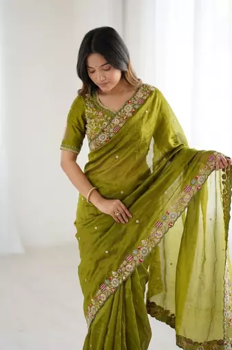 Mehendi Green Designer Fancy Embroidered Border Saree
