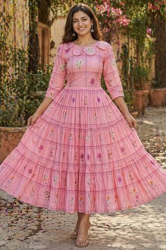 Pink floral printed cotton midi dress
