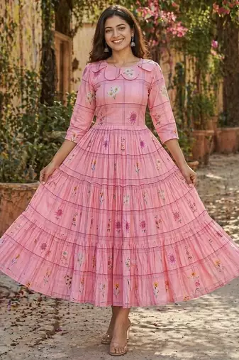 Pink floral printed cotton midi dress