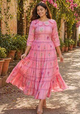 Pink floral printed cotton midi dress 2