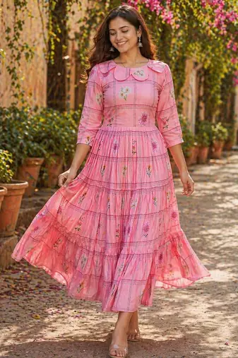 Pink floral printed cotton midi dress