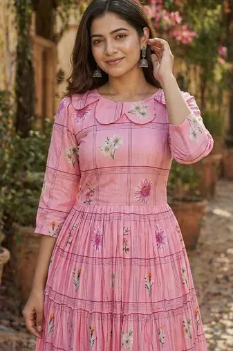 Pink floral printed cotton midi dress