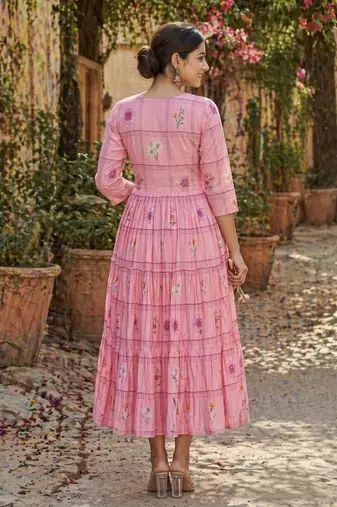 Pink floral printed cotton midi dress
