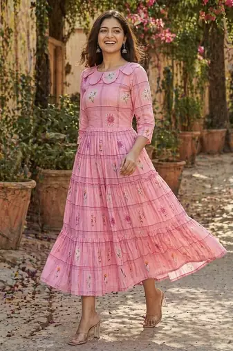 Pink floral printed cotton midi dress