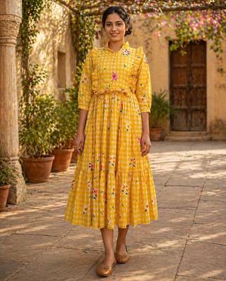 Yellow floral printed cotton midi dress 1