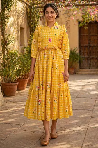 Yellow floral printed cotton midi dress
