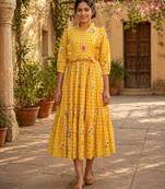 Yellow floral printed cotton midi dress