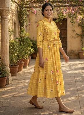 Yellow floral printed cotton midi dress 2
