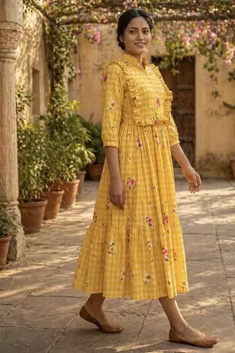 Yellow floral printed cotton midi dress