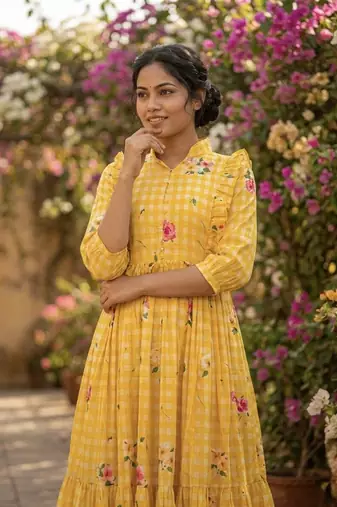 Yellow floral printed cotton midi dress