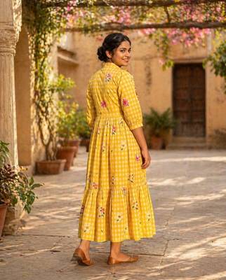 Yellow floral printed cotton midi dress 4