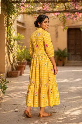 Yellow floral printed cotton midi dress