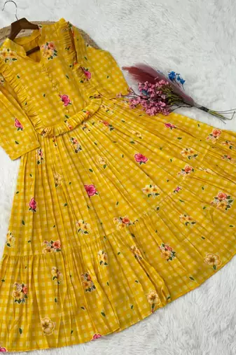 Yellow floral printed cotton midi dress