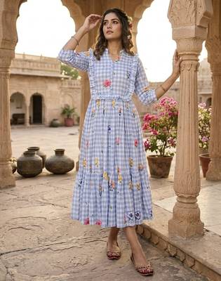 Sky blue floral printed cotton midi dress 1
