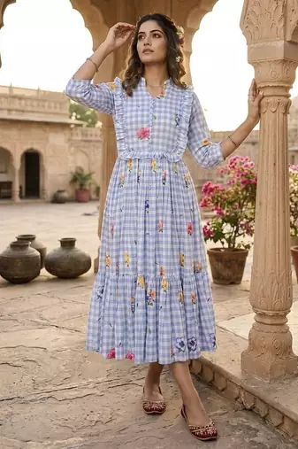 Sky blue floral printed cotton midi dress