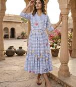 Sky blue floral printed cotton midi dress
