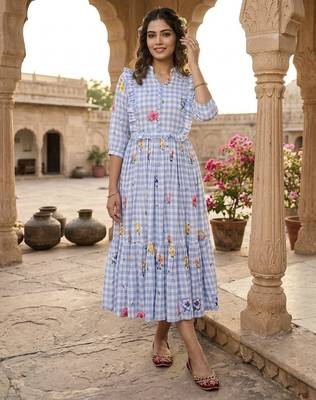 Sky blue floral printed cotton midi dress 2