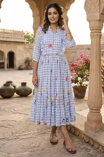Sky blue floral printed cotton midi dress