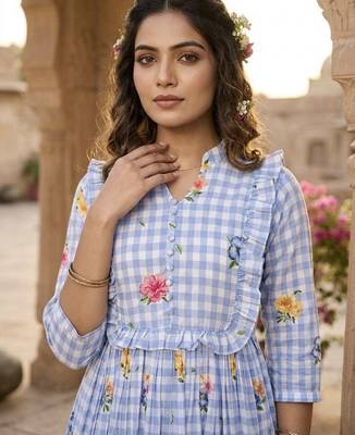 Sky blue floral printed cotton midi dress 3