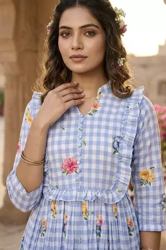Sky blue floral printed cotton midi dress