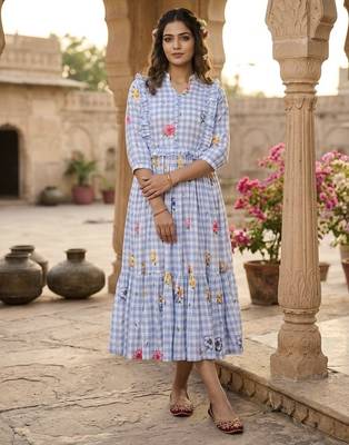 Sky blue floral printed cotton midi dress 4