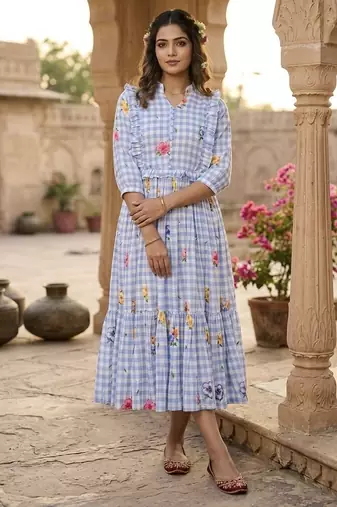 Sky blue floral printed cotton midi dress