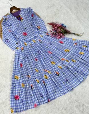 Sky blue floral printed cotton midi dress 5