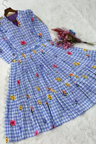 Sky blue floral printed cotton midi dress