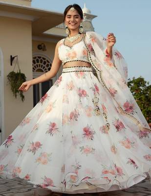 white organza printed lehenga choli with dupatta 1
